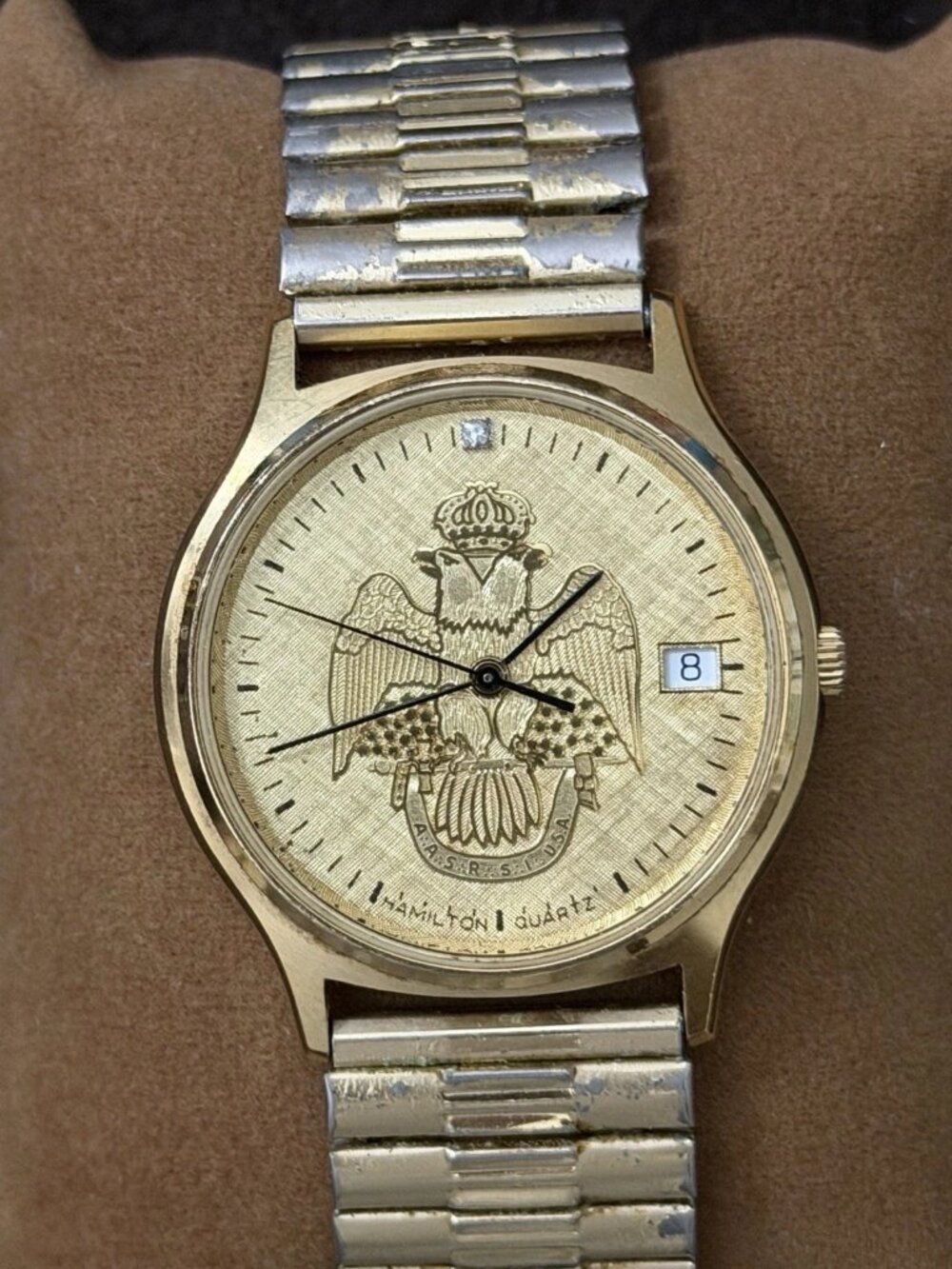 Hamilton SRB Men's Vintage Quartz Analog Watch Gold Dial Date Two-Tone Bracelet